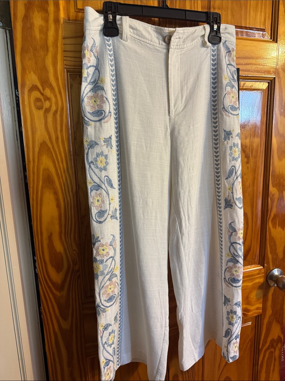 Calypso St. Barth White Linen Pants with Blue & Yellow Embroidered Side Panels
